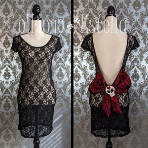 Too Fast Backless Lace Dress with Red Bow